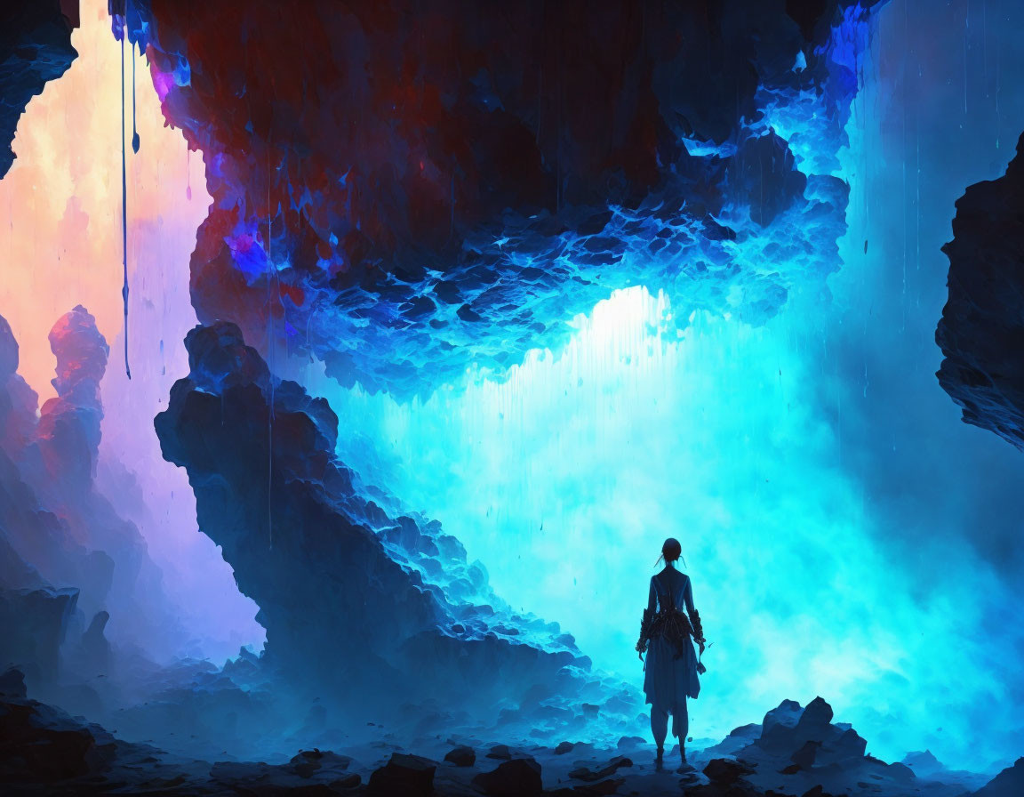 Vibrant mystical cave entrance with blue and purple hues