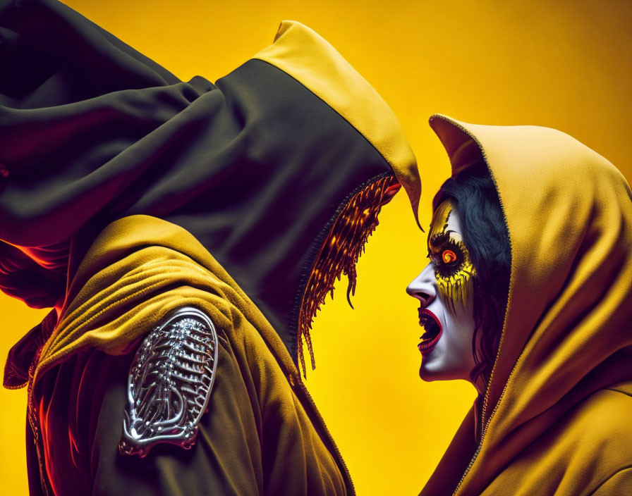 Two individuals in vibrant yellow and black robes with hoods, one with dramatic eerie makeup.