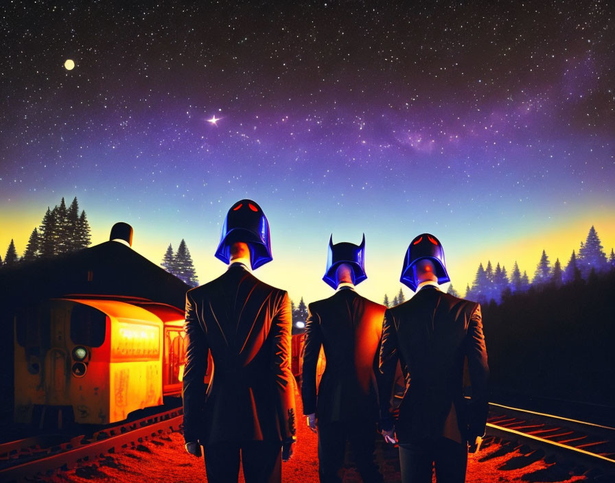 Three individuals with TV heads on train tracks at night.