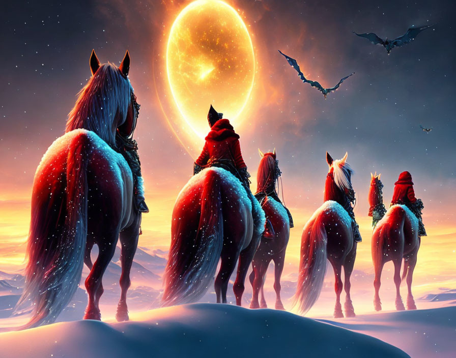 Glowing fur horses under night sky with moon, person in red, flying birds