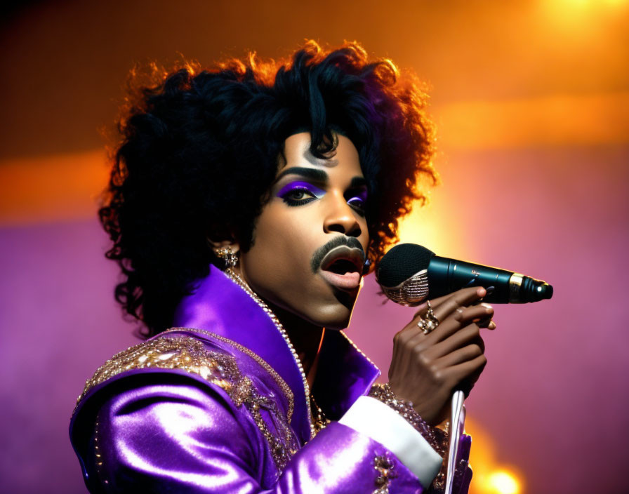 Dramatic purple eye makeup and voluminous black hairstyle singer in shiny purple jacket singing into microphone