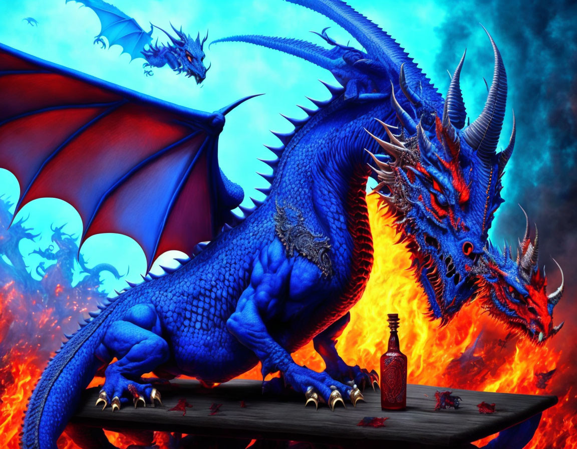 Blue dragon surrounded by flames and miniatures on a table.