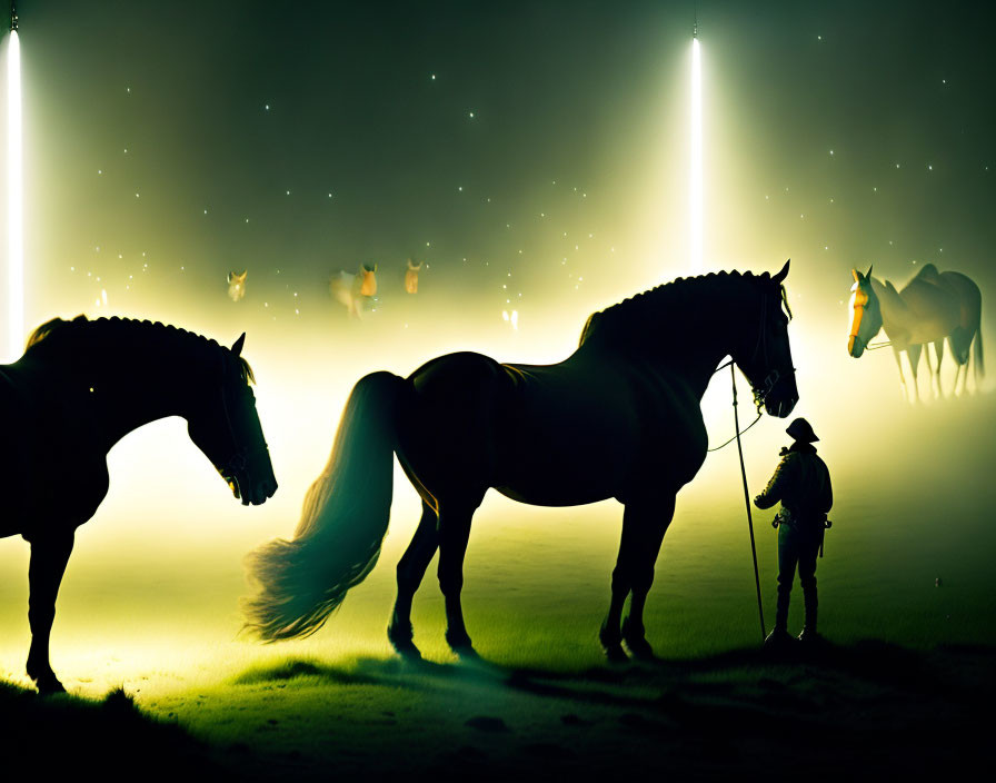 Person with Horses under Starry Sky in Surreal Scene