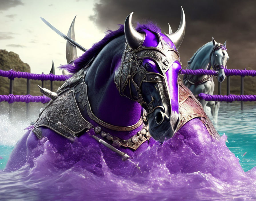 Armored purple horses with silver horn galloping through water