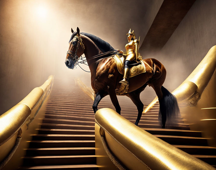 Golden Knight Armor Horse Riding Up Ornate Staircase