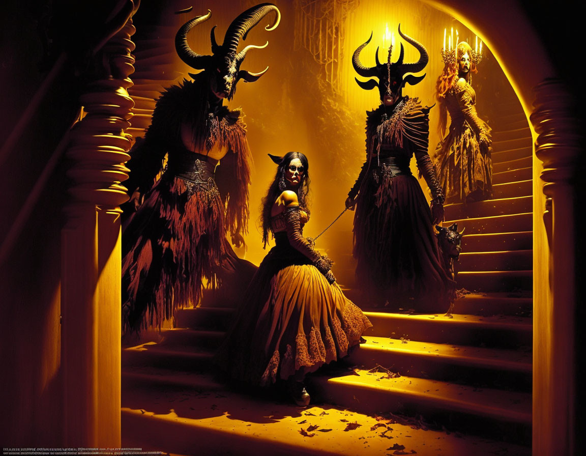 Three horned masked figures in yellow-lit room with staircases