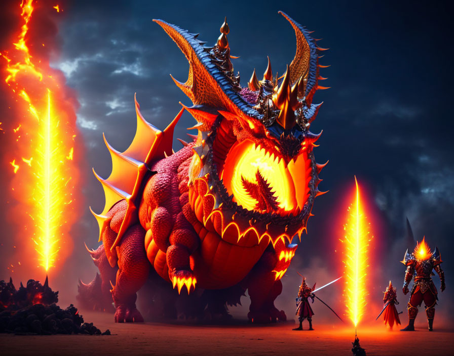 Glowing-eyed orange dragon with armored warriors in volcanic landscape