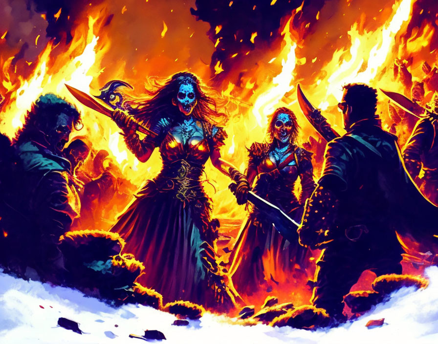 Fantasy artwork: Skeletal warriors with glowing eyes in flames, central figure wields scythe.