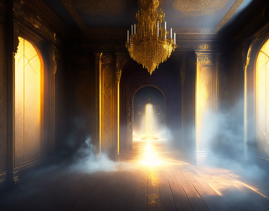 Luxurious hallway with golden details, grand chandelier, large windows, and mystical fog.