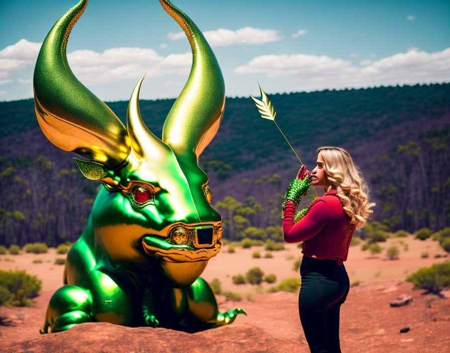 Woman in red top near shiny golden-green horned creature sculpture