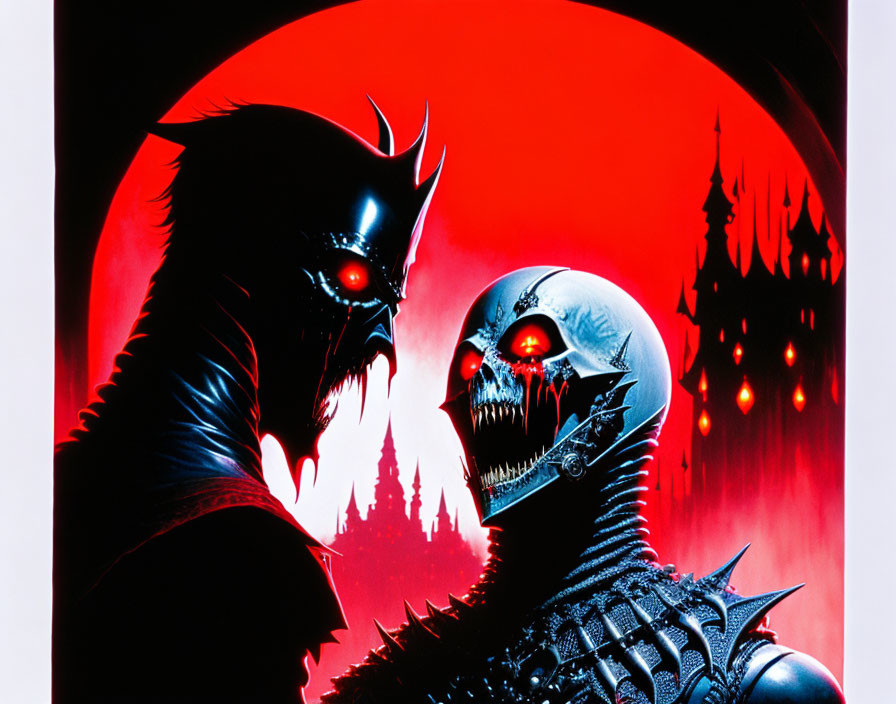 Dark armor-clad skeletal figures with crimson backdrop and sinister castle silhouette