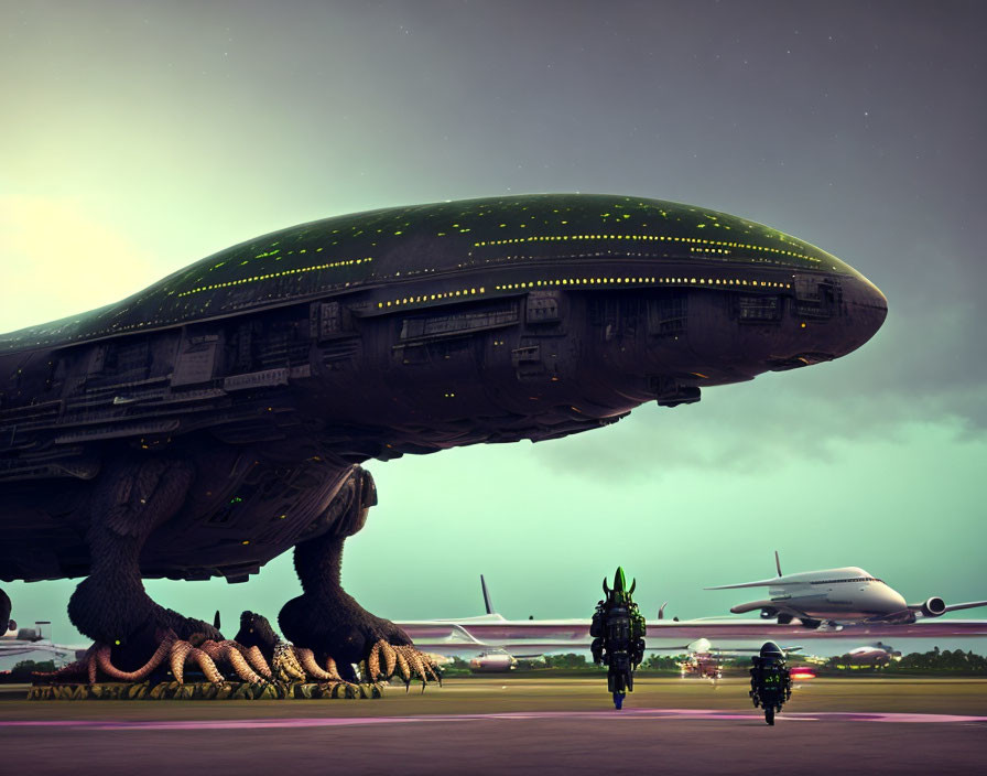 Giant alien spaceship with tentacle-like supports at airport during twilight