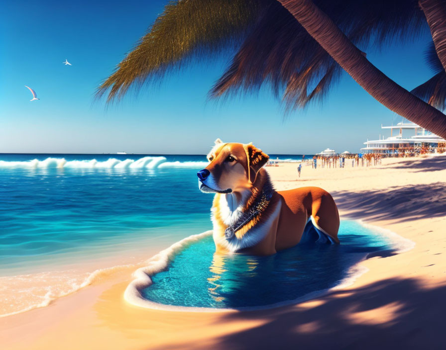 Dog with lei on serene beach with palm trees, blue water, white sand, birds, and distant