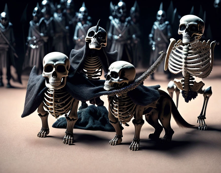 Skeletons with capes riding skeletal animals in dark scene