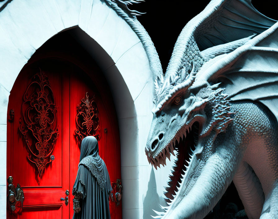 Cloaked Figure Confronts White Dragon by Red Doors