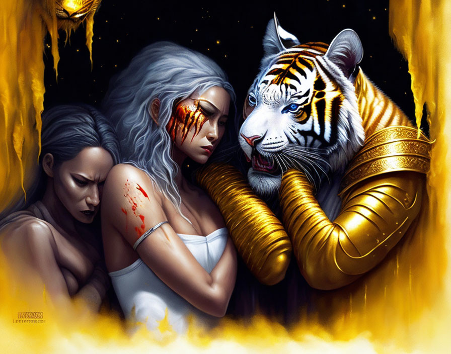 Fantastical artwork featuring injured women and majestic white tiger in golden armor