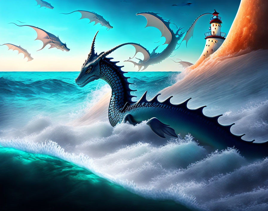 Majestic sea dragon and flying dragons near lighthouse at sunset