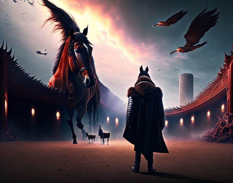 Warrior in cloak with rearing horse in surreal courtyard