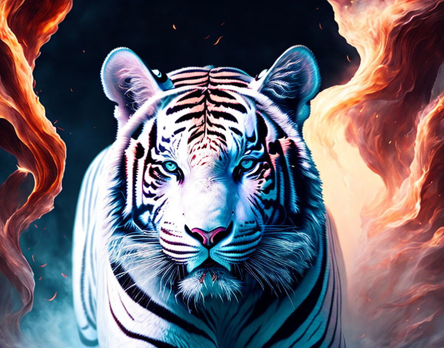 White Tiger Artwork: Blue-Eyed Tiger Amid Orange and Red Flames