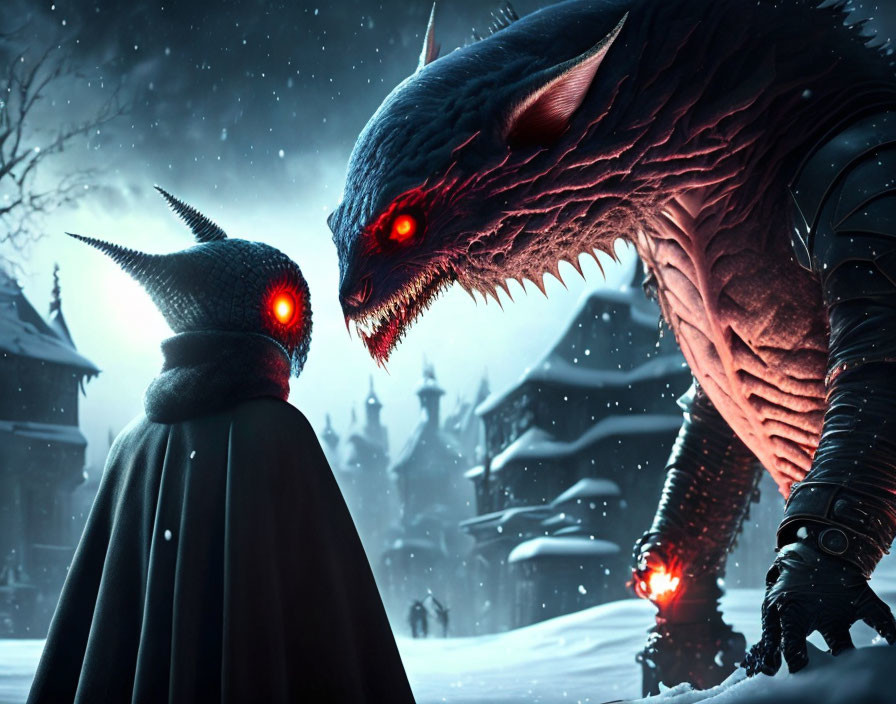 Cloaked figure confronts red-eyed dragon in snowy medieval village