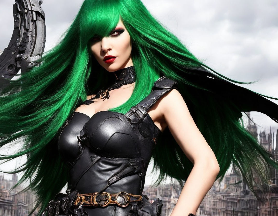 Vibrant Green-Haired Woman in Edgy Makeup and Leather Outfit poses in Cityscape