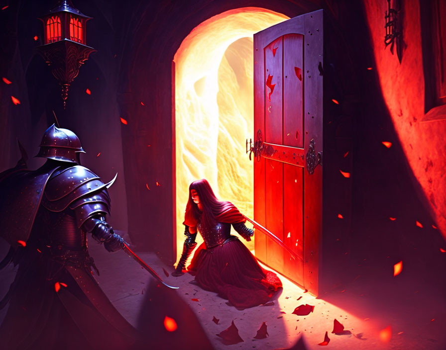 Knight in armor faces figure in red cloak at glowing doorway