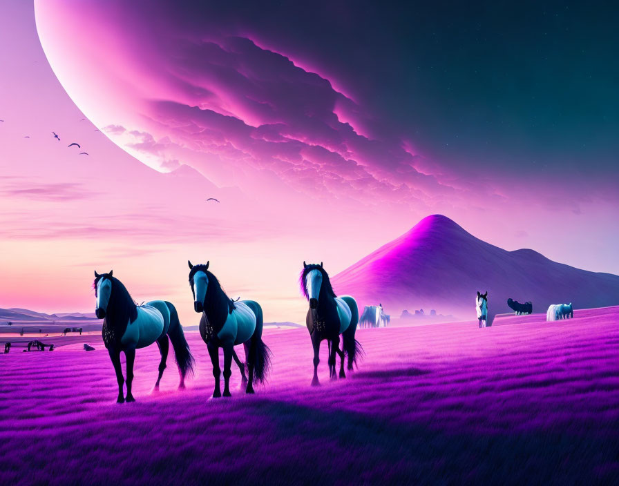 Horses on surreal purple grassland with crescent moon and hills