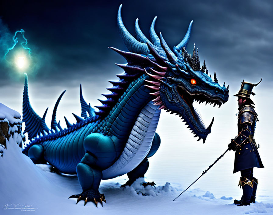 Blue dragon and sword-wielding man face off in snowy landscape