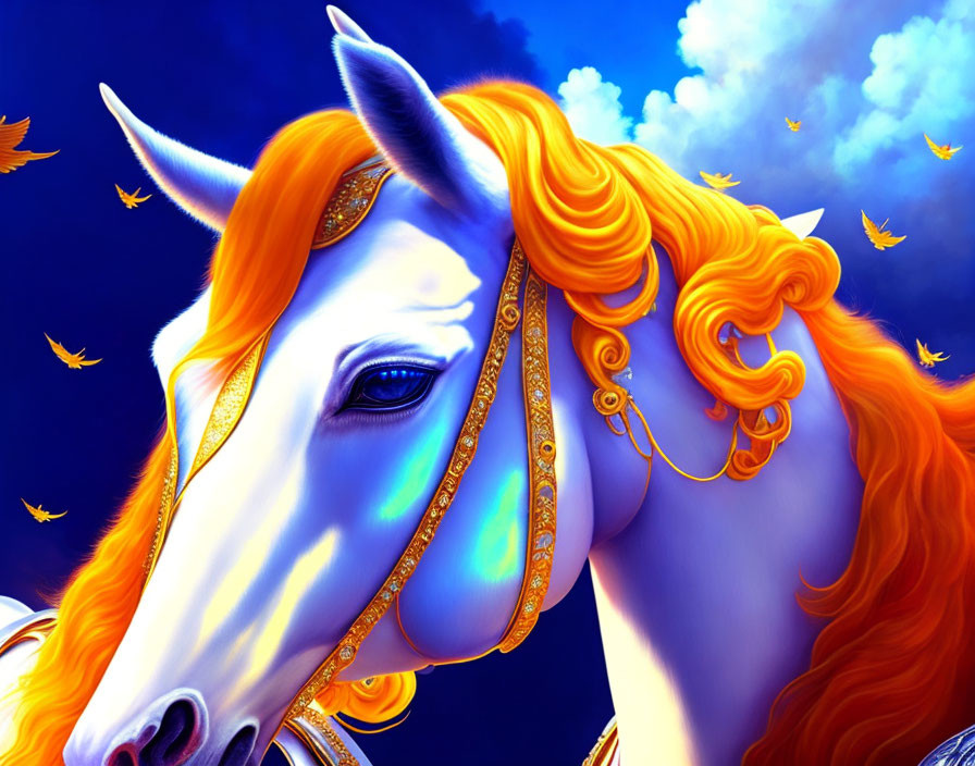 Majestic unicorn digital illustration with fiery orange mane