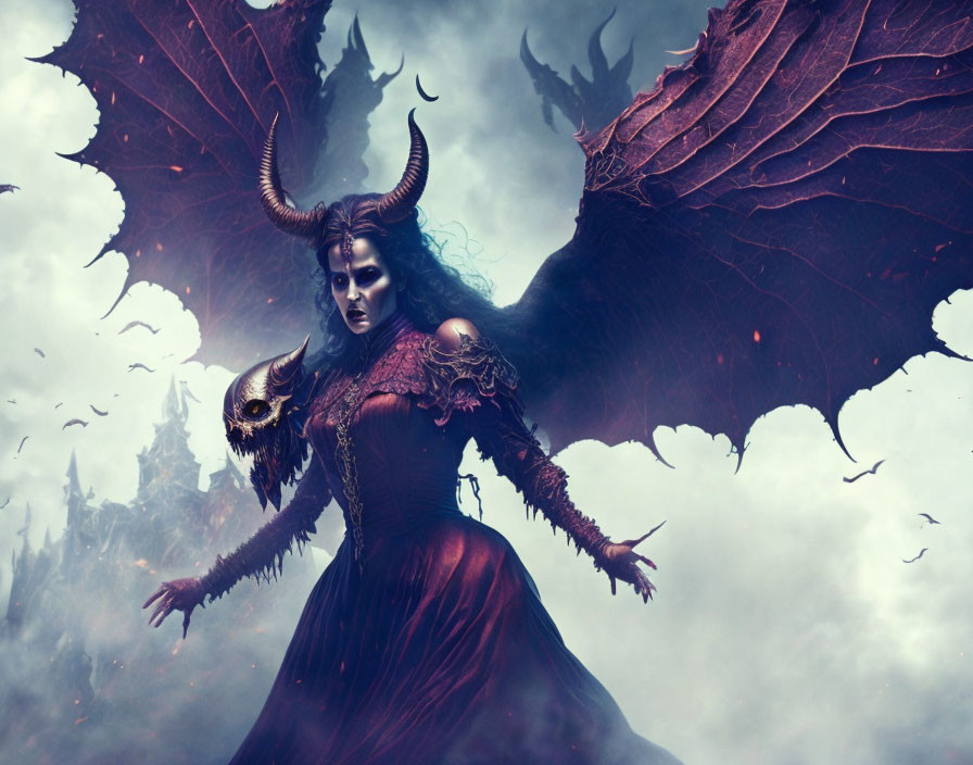 Fantastical figure with horns and wings in burgundy gown on moody backdrop