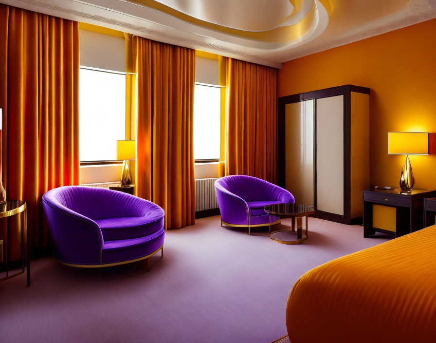 Modern Hotel Room with Purple and Orange Decor