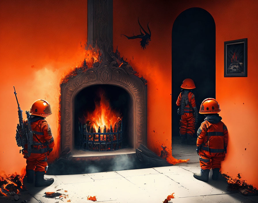 Firefighters in orange suits inspecting ornate fireplace with intense flames