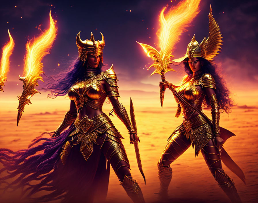 Female warriors in ornate armor with flaming weapons under dramatic sunset sky