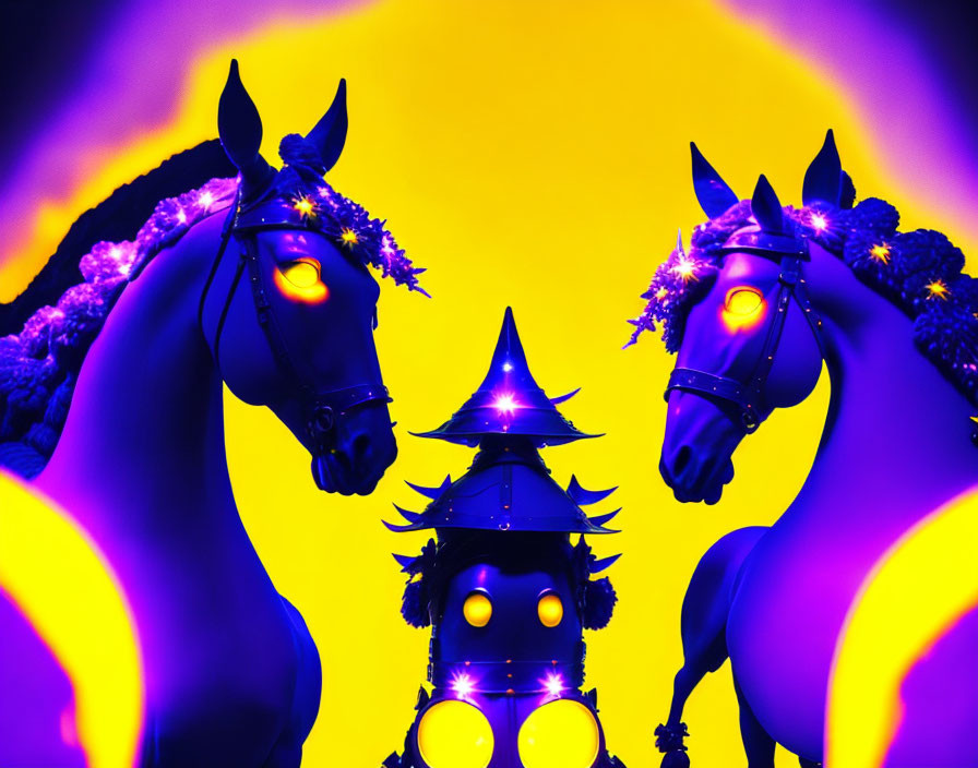 Stylized horses with glowing eyes on vibrant neon background