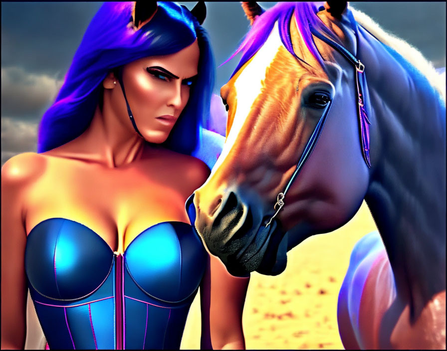 Stylized digital artwork: Woman with blue hair and purple outfit near horse under dramatic sky