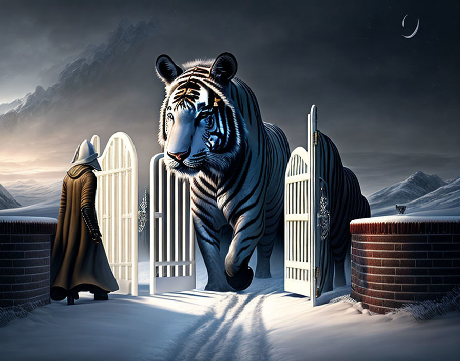 Majestic tiger in snowy night landscape with cloaked figure and crescent moon