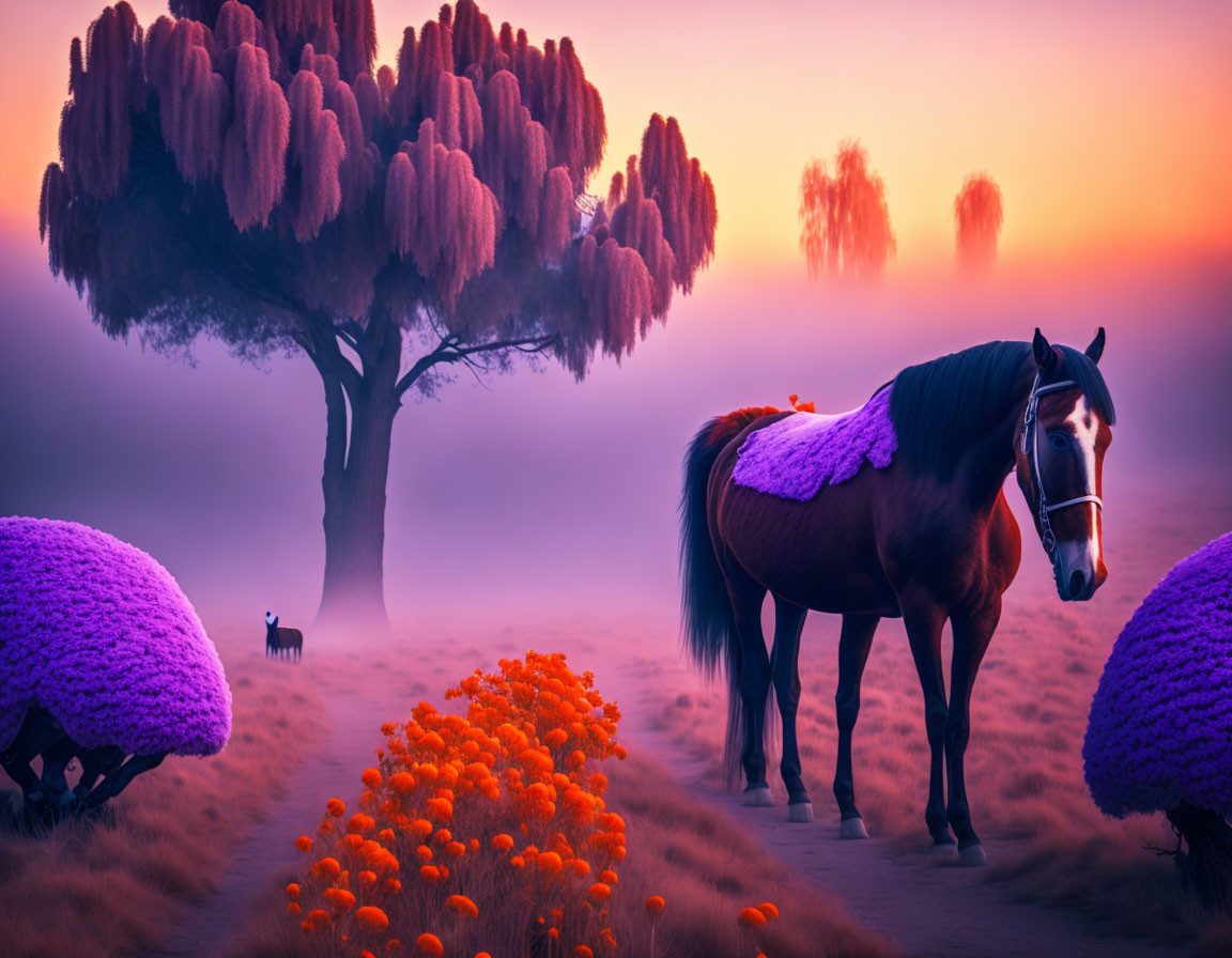 Surreal landscape with horse, purple flowers, and misty sky