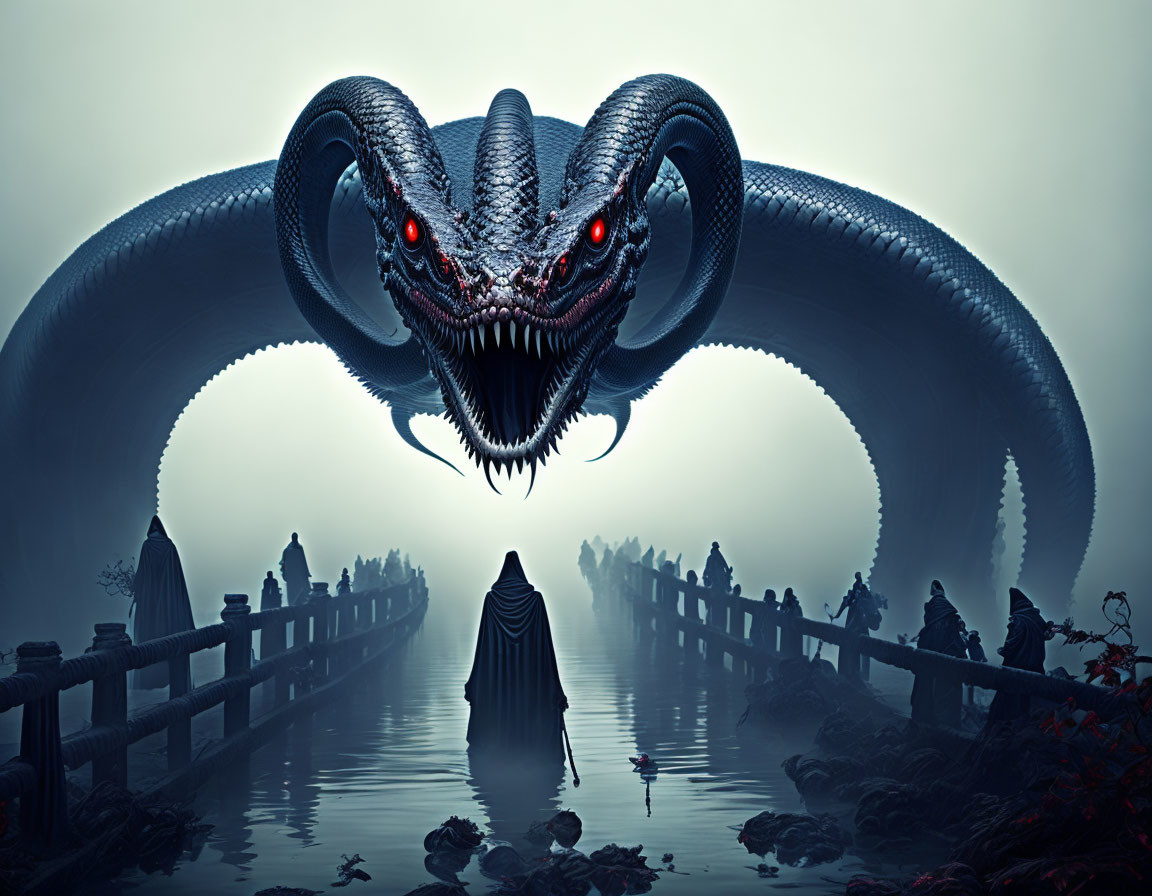 Menacing serpent and cloaked figures in misty bridge scene