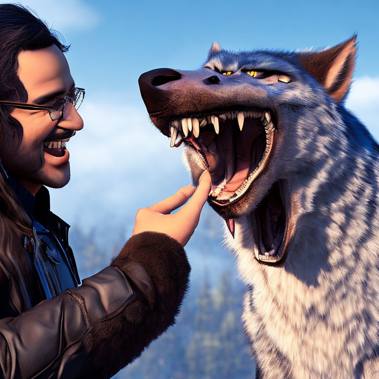 Man in black jacket examines teeth of large grey animated wolf.