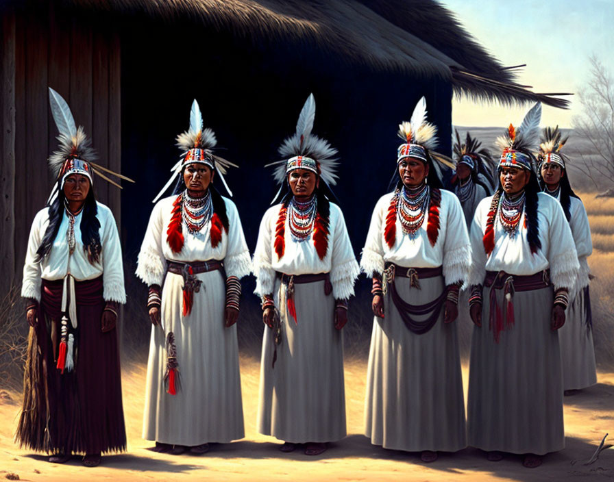 Five individuals in traditional Native American regalia with feather headdresses in front of a tepee.