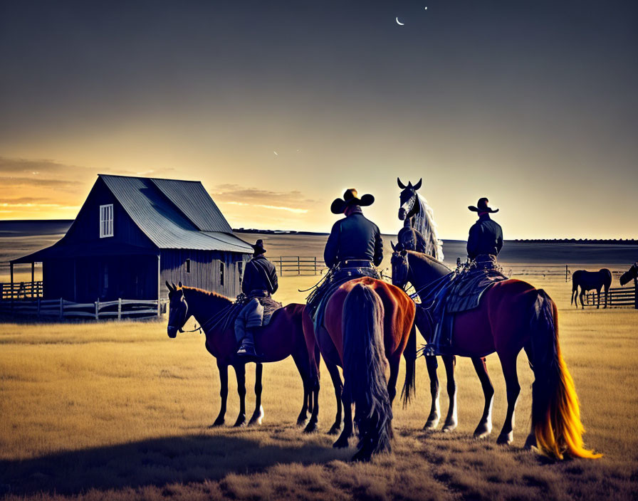 Cowboys on horseback at dusk near barn under golden sky.