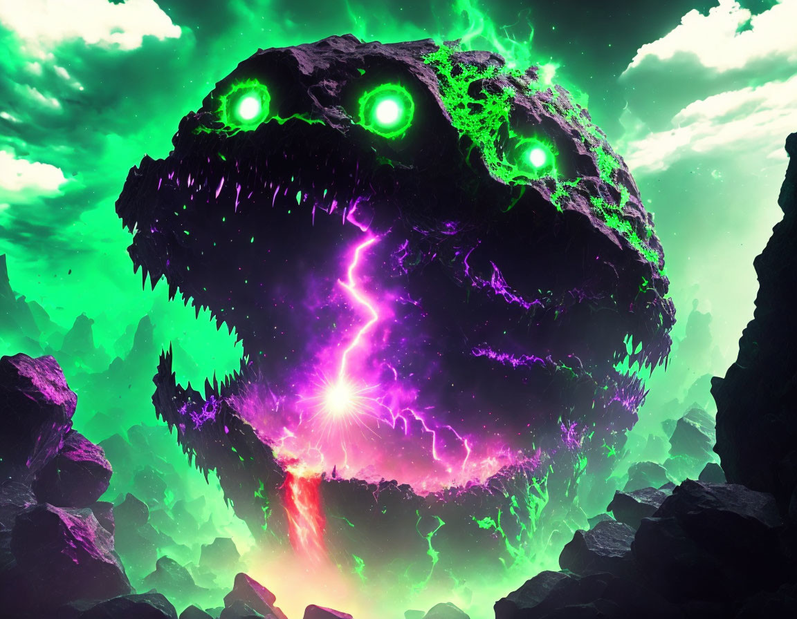 Neon green-eyed entity with purple lightning on cosmic green backdrop