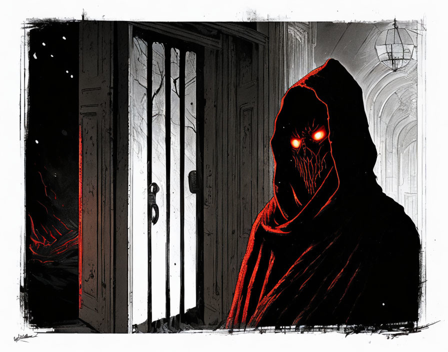 Hooded figure with glowing red eyes in dimly lit hallway