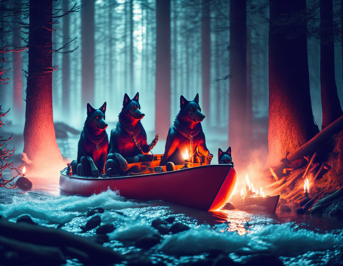 Anthropomorphic wolves in canoe at twilight on misty river