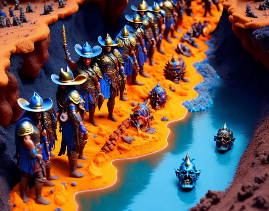 Blue Armored Warriors and Mythical Creatures in Miniature Fantasy Scene