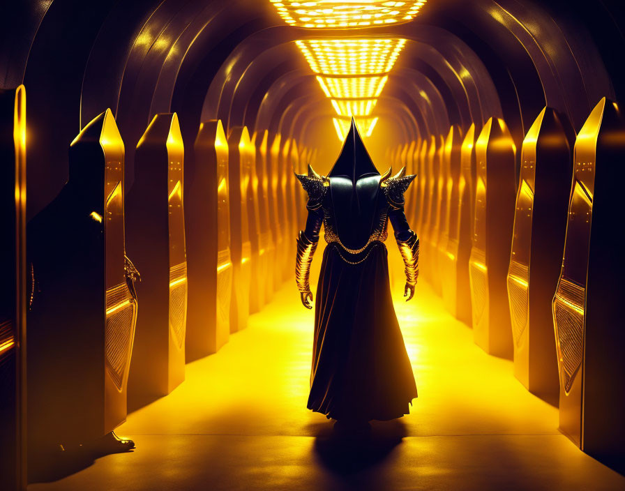 Elaborate Costume with Horns and Cape in Futuristic Tunnel