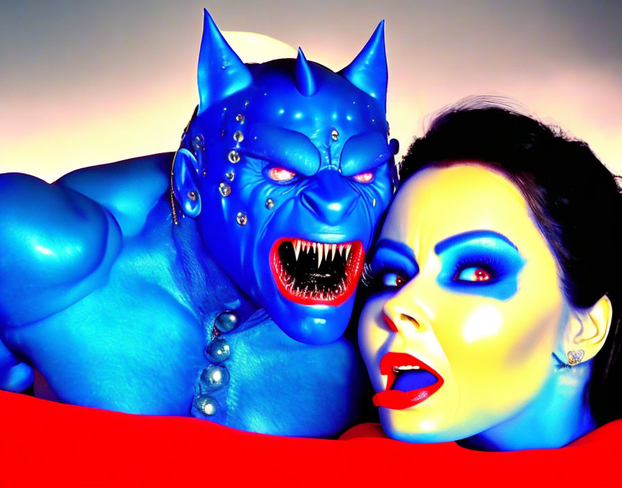 Two individuals in body paint: one as blue demon, the other with exaggerated facial makeup