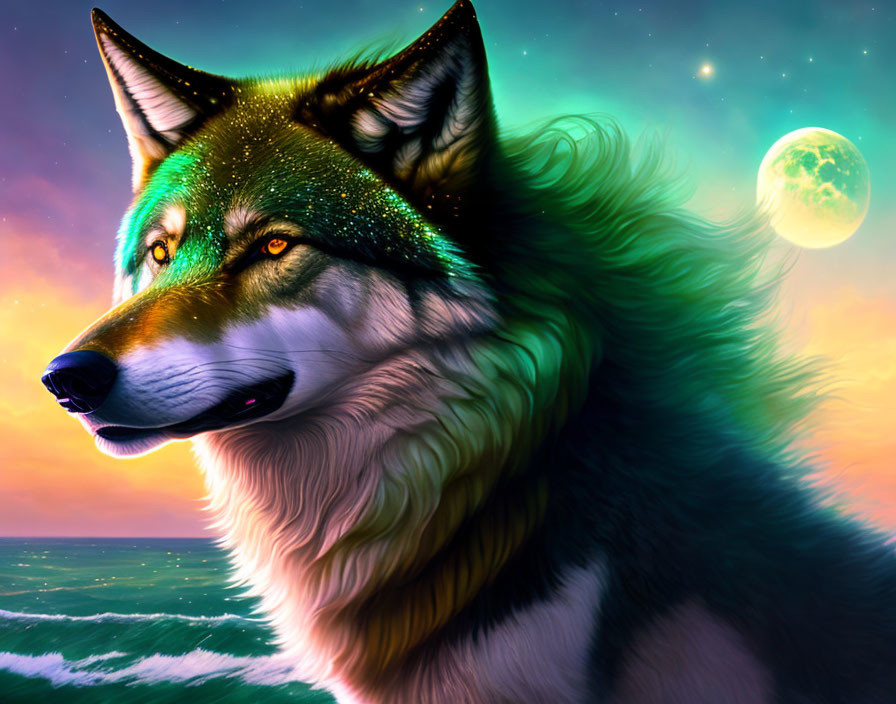 Digital artwork: Sparkling fur wolf in ocean, starry sky, green planet.