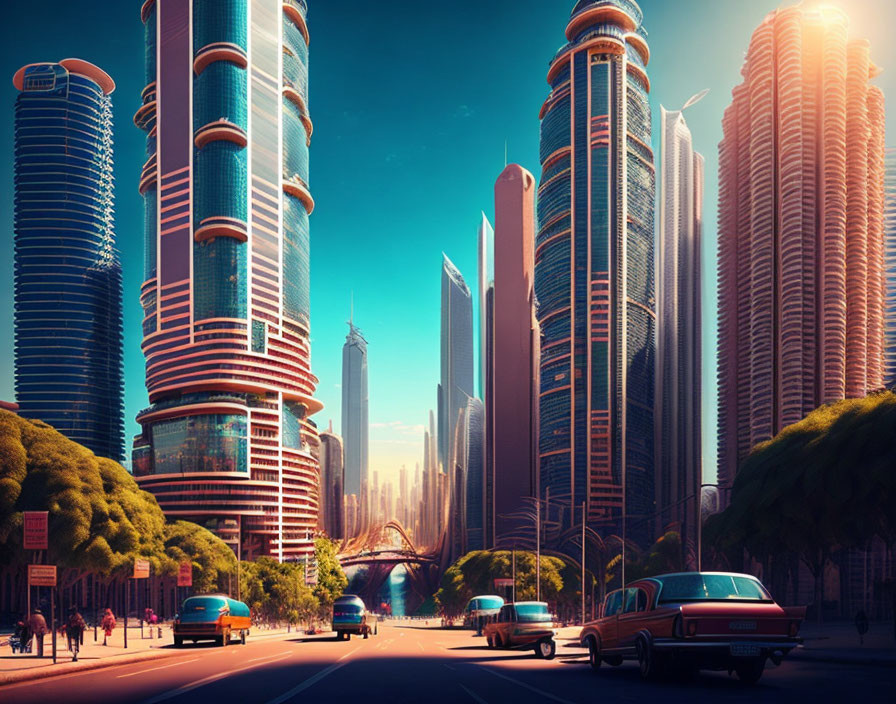 Futuristic cityscape with towering skyscrapers and advanced vehicles