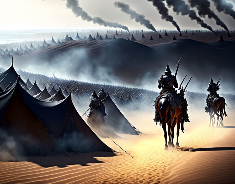 Medieval knights on horseback near tents in desert with dark smoke plumes and hazy sky